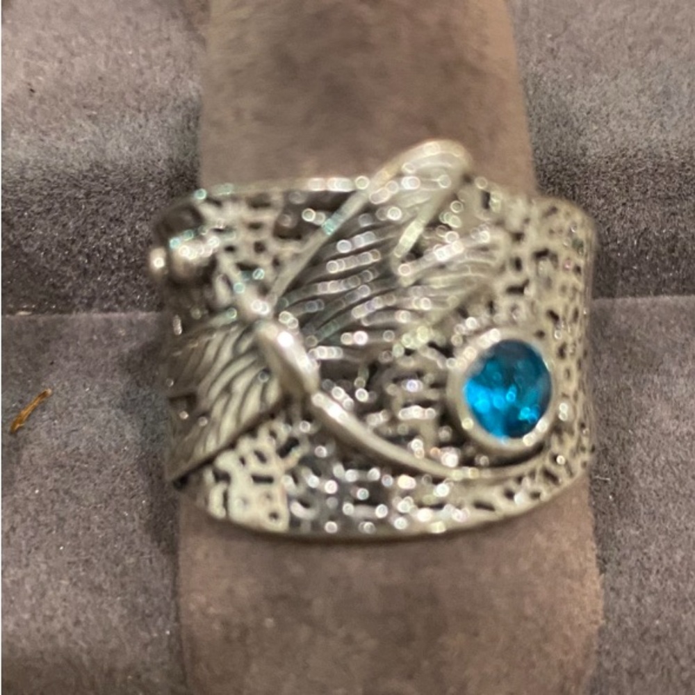 Silver Dragonfly Ring with Blue Gemstone